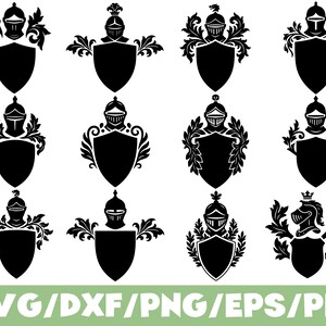Könnte beinhalten: Eine Sammlung von zwölf schwarzen Wappenschild-Designs, jeweils mit einem Ritterhelm und aufwendigen floralen oder Blatt-Akzenten. Die Schilde variieren in Form und dekorativen Elementen, passend für mittelalterliche oder historische Themen. Der Text "SVG/DXF/PNG/EPS/PDF" befindet sich unten.