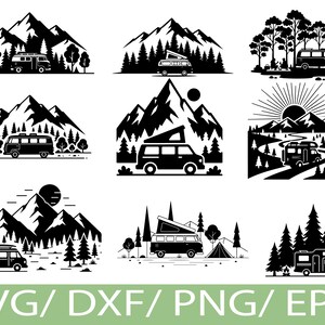 May include: Nine black and white illustrations with a camping theme. Each design shows a camper van set against mountains, trees, and the sun. The bottom of the image displays the text "SVG / DXF / PNG / EPS".