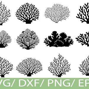May include: A selection of black coral reef designs in diverse shapes and sizes. The image showcases detailed illustrations of branching coral formations, suitable for digital art projects. The bottom of the image displays the text "SVG / DXF / PNG / EPS" in green.