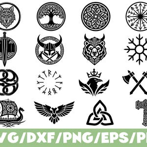 May include: A collection of black and white Viking-themed graphic designs. The designs include a wolf, a tree, a bear, a raven, a ship, a sword, axes, and a hammer. The text at the bottom reads "SVG/DXF/PNG/EPS/PDF".