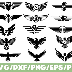 May include: A collection of black eagle designs with spread wings, in various styles. The image includes the text "SVG/DXF/PNG/EPS/PDF" in green at the bottom, indicating file formats for digital use. These designs are suitable for crafting projects.