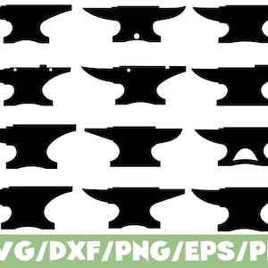 May include: Black anvil silhouettes in various designs. The image features multiple anvil shapes, each with a distinct form, set against a white background. The bottom of the image includes the text "SVG/DXF/PNG/EPS/PDF" in green.