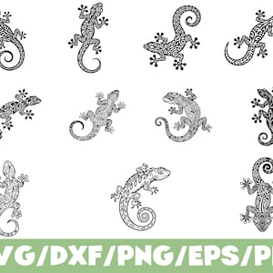May include: A collection of black and white lizard designs with intricate patterns. The lizards are in various poses, some with curled tails. The image includes the text "SVG/DXF/PNG/EPS/PDF" in green.