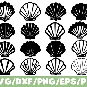 Könnte beinhalten: Eine Sammlung von sechzehn schwarzen Muscheldesigns in verschiedenen Stilen. Die Muscheln sind mit detaillierten Linien und soliden Silhouetten dargestellt. Das Bild enthält den Text "SVG/DXF/PNG/EPS/PDF" in Grün am unteren Rand, der Dateiformate angibt.
