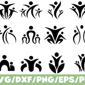 May include: A collection of black silhouette designs depicting stylized figures in various poses. The figures have rounded heads and outstretched arms, suggesting unity and community. The bottom of the image displays the text "SVG/DXF/PNG/EPS/PDF" in green.