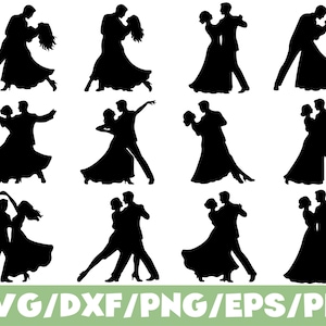 May include: A collection of twelve black silhouettes depicting couples in various ballroom dancing poses, including waltzing and tango positions. The graphic set includes file formats labelled as SVG, DXF, PNG, EPS, and PDF at the bottom.