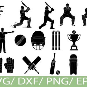 Puede incluir: Ilustraciones vectoriales en blanco y negro de equipos y jugadores de críquet en acción. Incluye una pelota de críquet, casco, palos, trofeo, guantes, bates, protectores y un árbitro de críquet. El texto dice "SVG / DXF / PNG / EPS".