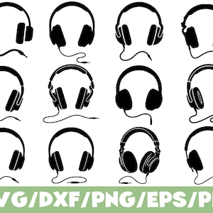 Peut inclure: Une collection de douze icônes en silhouette noire représentant divers casques audio supra-auriculaires, chacun doté d'un câble. L'ensemble graphique comprend divers modèles de casques avec arceaux et écouteurs, présentés en grille.