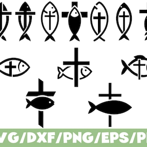 May include: A collection of black and white Christian symbols, including fish and crosses. The image presents different arrangements of the Ichthys symbol and crosses, ideal for religious-themed projects. The text "SVG/DXF/PNG/EPS/PDF" is at the bottom.