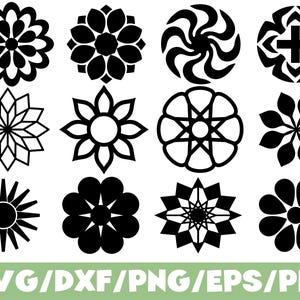 Peut inclure: Une collection de douze icônes florales et géométriques noires distinctes disposées en grille. L'ensemble comprend diverses formes de fleurs stylisées, des rayons d'étoiles et des motifs circulaires. Le texte SVG/DXF/PNG/EPS/PDF est affiché en bas.
