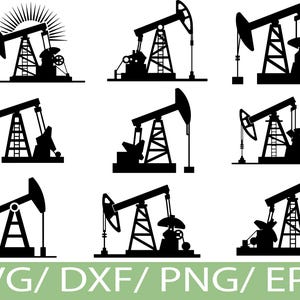 May include: A collection of nine black silhouette illustrations of oil pump jacks. Each design features a derrick, a walking beam, and other mechanical components. The bottom of the image displays the text "SVG / DXF / PNG / EPS" in green.