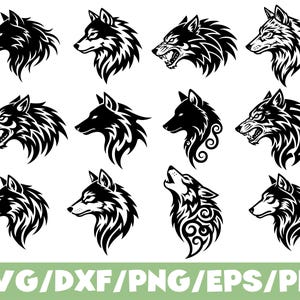 May include: A collection of black and white wolf head designs in various styles. Some wolves are snarling, others are howling, and some are in profile. The image includes the text "SVG/DXF/PNG/EPS/PDF" in green.