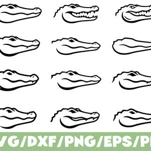 May include: A collection of black and white alligator head illustrations. The image presents twelve different alligator head designs, each with unique details. The bottom of the image displays the text "SVG/DXF/PNG/EPS/PDF" in green.
