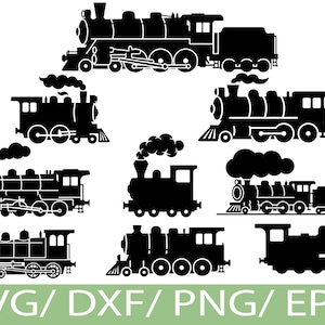 Könnte beinhalten: Eine Sammlung von acht schwarzen Zugsilhouetten mit unterschiedlichen Designs, einschließlich Dampf- und Radkonfigurationen. Das Bild enthält den Text "SVG / DXF / PNG / EPS" in einem grünen Banner unten, das Dateiformate angibt.