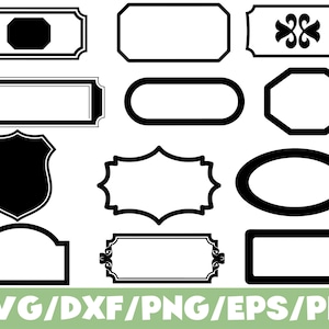 Op de afbeelding: Een verzameling van twaalf zwart-witte digitale labels en kaders in diverse geometrische vormen, waaronder rechthoeken, ovalen en schilden. Sommige kaders bevatten decoratieve krullen of volledig zwarte vlakken in het midden.