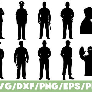 Puede incluir: Una colección de diez siluetas negras que representan a varios agentes de la ley en diferentes poses, incluyendo figuras de pie, un agente usando una radio y un agente con la mano en señal de alto, con el texto SVG/DXF/PNG/EPS/PDF.