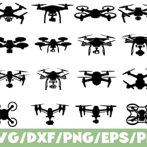 Può includere: Una collezione di sedici icone a silhouette nera che raffigurano vari modelli di droni quadricotteri con fotocamere ed eliche, disposti in una griglia quattro per quattro, con il testo SVG/DXF/PNG/EPS/PDF visualizzato in bianco in basso.