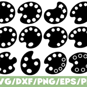 Könnte beinhalten: Eine Sammlung schwarzer Künstlerpaletten mit weißen Farbpunkten. Das Bild zeigt verschiedene Palettendesigns, alle im Silhouette-Stil. Am unteren Rand des Bildes steht der Text "SVG/DXF/PNG/EPS/PDF" in Grün.