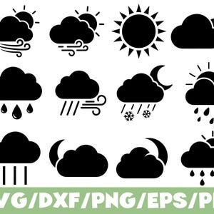 May include: A collection of black weather icons, including sun, clouds, rain, snow, wind, and moon phases. The icons are in a simple, graphic style, suitable for various design projects. The text "SVG/DXF/PNG/EPS/PDF" is at the bottom.