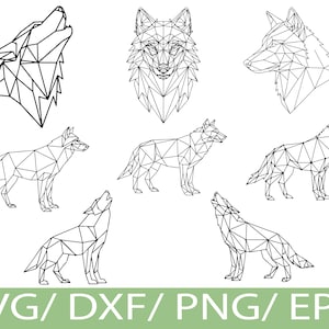 Puede incluir: Diseños geométricos de lobos en blanco y negro en varias poses, incluyendo un lobo aullando, una vista frontal de la cabeza de un lobo y perfiles laterales. La imagen incluye el texto "SVG / DXF / PNG / EPS" en una pancarta verde.