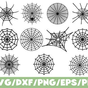 May include: A collection of black spider web designs in various shapes and sizes, including circular and irregular forms. One web features a spider. The image includes the text "SVG/DXF/PNG/EPS/PDF" in green.