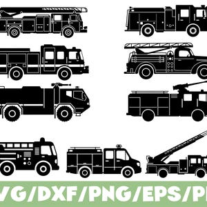 Peut inclure: Huit illustrations en noir et blanc de camions de pompiers de différents modèles. Les dessins comprennent des échelles, des réservoirs d'eau et d'autres équipements de lutte contre l'incendie. Le bas de l'image affiche le texte "SVG/DXF/PNG/EPS/PDF" en vert.