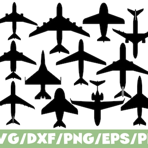 May include: A collection of black airplane silhouettes in various designs, including passenger jets and fighter planes, against a white background. The image includes the text "SVG/DXF/PNG/EPS/PDF" in green.