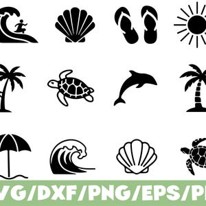 Könnte beinhalten: Schwarz-weiße Vektorillustrationen von Strand-Symbolen, darunter eine Welle mit einem Surfer, eine Muschel, Flip-Flops, eine Sonne, Palmen, eine Schildkröte, ein Delfin und ein Sonnenschirm. Der Text "SVG/DXF/PNG/EPS/PDF" steht unten.