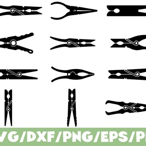 May include: A collection of twelve black silhouette icons depicting various styles of clothespins, including spring-loaded and traditional designs, arranged in a grid format with the text SVG/DXF/PNG/EPS/PDF displayed at the bottom.