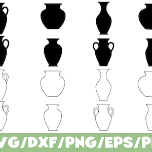 May include: A collection of sixteen vase silhouettes arranged in a four-by-four grid. The top two rows feature solid black vase shapes, while the bottom two rows display identical outlines in black. The text SVG/DXF/PNG/EPS/PDF appears at the bottom.
