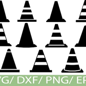May include: A collection of black traffic cones in various designs. Some cones have white stripes. The image includes the text "SVG / DXF / PNG / EPS" in a green rectangle at the bottom.