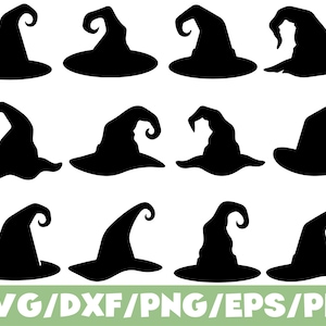 Könnte beinhalten: Eine Sammlung von zwölf schwarzen Silhouetten spitzer Hüte mit breiten Krempen und gekräuselten Spitzen, die in einem Raster angeordnet sind. Der Text SVG/DXF/PNG/EPS/PDF steht in weißen Großbuchstaben am unteren Bildrand auf einem hellgrünen Balken.