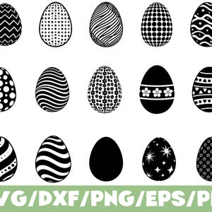 May include: A collection of fifteen black and white Easter egg designs. Each egg features a unique pattern, including stripes, dots, stars, and floral motifs. The bottom of the image displays the text "SVG/DXF/PNG/EPS/PDF" in green.