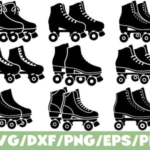 May include: A collection of nine black silhouette illustrations of quad roller skates arranged in a grid. Each graphic depicts a high-top boot with laces, a sole, and four wheels. The text SVG/DXF/PNG/EPS/PDF is displayed at the bottom.