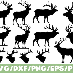 Puede incluir: Una colección de siluetas negras de alces en varias poses, incluyendo perfiles de cuerpo completo y cabeza. La imagen incluye el texto "SVG/DXF/PNG/EPS/PDF" en verde en la parte inferior, indicando formatos de archivo.