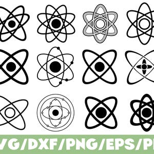 May include: A collection of black and white atom illustrations in various designs. The image includes atomic models with circular and oval orbits, and the text "SVG/DXF/PNG/EPS/PDF" in a green banner.