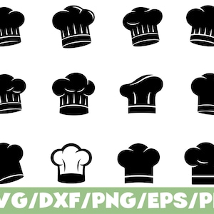 May include: A collection of black chef hats in various styles. The hats are depicted in a simple, graphic style, with clean lines and a focus on the iconic shape. The image includes the text "SVG/DXF/PNG/EPS/PDF" in green.