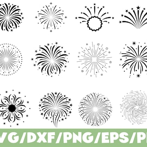 Könnte beinhalten: Eine Sammlung von Schwarz-Weiß-Illustrationen von Feuerwerkskörpern in verschiedenen Designs. Das Bild enthält Sternen-, Burst- und Spiralmuster. Der Text unten lautet "SVG/DXF/PNG/EPS/PDF".