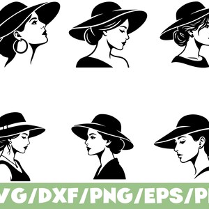 Könnte beinhalten: Eine Sammlung von sechs schwarz-weißen Vektorillustrationen, die Profile von Personen mit breitkrempigen Hüten zeigen. Jede Grafik stellt eine deutliche Seitenansicht eines Kopfes mit verschiedenen Frisuren dar. Der Text lautet SVG/DXF/PNG/EPS/PDF.