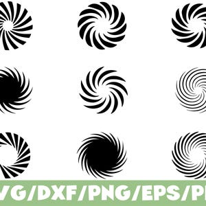 May include: Nine black and white spiral designs on a white background. The designs vary in the thickness and density of the spiral lines. The bottom of the image has the text "SVG/DXF/PNG/EPS/PDF" in green.