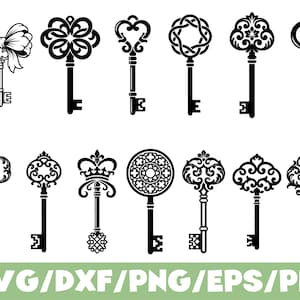 May include: A collection of thirteen black silhouette illustrations of ornate keys with various intricate bow designs, including bows, crowns, and circular patterns, arranged in two rows with the text SVG/DXF/PNG/EPS/PDF at the bottom.