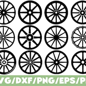 Op de afbeelding: Een verzameling van twaalf zwarte wagenwielsilhouetten gerangschikt in een raster. Elk wiel heeft een centrale naaf en verschillende spaakconfiguraties, inclusief diverse velgstijlen. De tekst SVG/DXF/PNG/EPS/PDF staat onderaan.