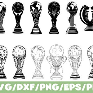 May include: A selection of black and white vector illustrations of football trophies. The trophies depict a globe held by a figure or supported by a decorative base. The image includes the text "SVG/DXF/PNG/EPS/PDF" in green.