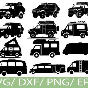 May include: Black and white silhouettes of different off-road vehicles, including SUVs, vans, and campers. Some vehicles have roof racks, ladders, or pop-up tops. The image includes the text "SVG / DXF / PNG / EPS" at the bottom.