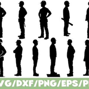 Pode incluir: Uma coleção de onze silhuetas pretas representando trabalhadores da construção civil em várias poses em pé, cada um usando um capacete. Algumas figuras mostram cintos de ferramentas ou seguram plantas, apresentadas como um conjunto de arquivos.