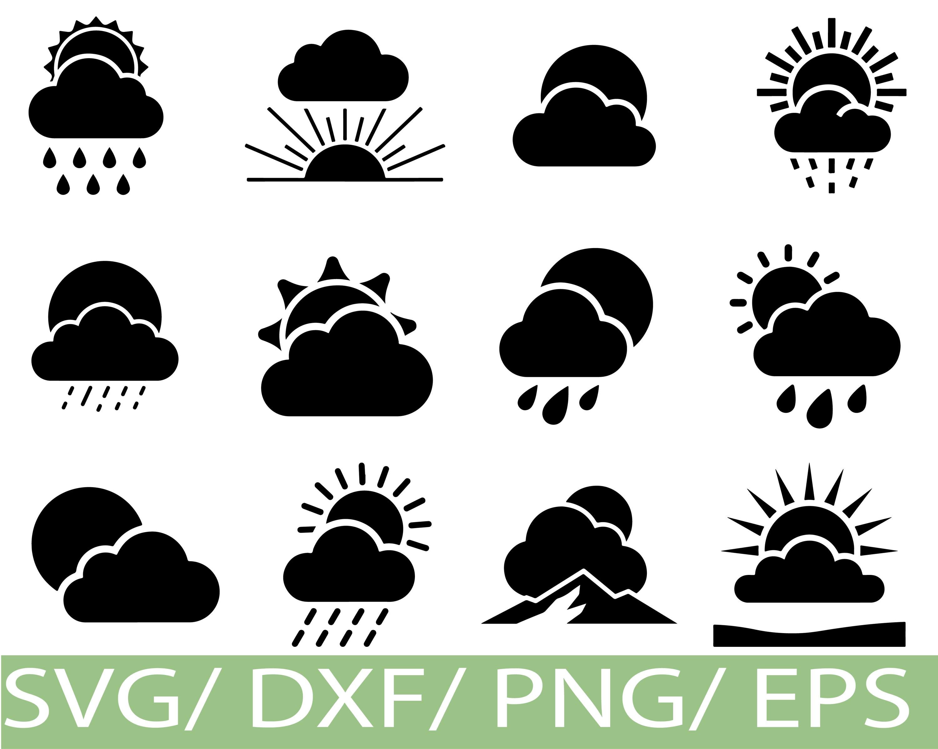 Weather Icons SVG Silhouette Set, Sun Cloud Rain Forecast Symbols ...