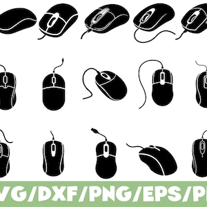 Puede incluir: Una colección de quince iconos de silueta negra que representan varios ratones de computadora con cables, mostrados desde múltiples ángulos y orientaciones, incluyendo vistas superiores y laterales, con el texto SVG/DXF/PNG/EPS/PDF en la parte inferior.