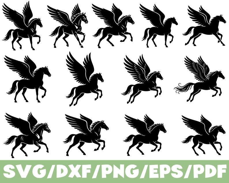 Pegasus Winged Horse SVG Silhouette Bundle Flying Horse Fantasy Designs ...