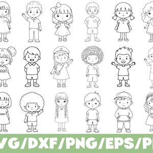 Op de afbeelding: Een verzameling van achttien zwart-wit lijntekeningen met diverse kinderen in verschillende outfits en kapsels, gerangschikt in drie rijen. Onderaan de afbeelding staat de tekst SVG/DXF/PNG/EPS/PDF in het wit.