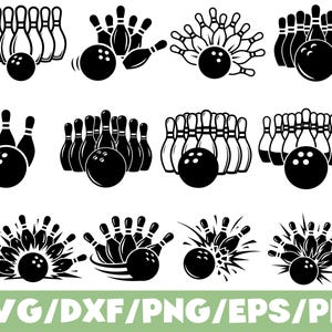 May include: A collection of black and white bowling-themed graphics. The images depict bowling pins and bowling balls in various arrangements, including pins standing, being struck, and scattered. The text "SVG/DXF/PNG/EPS/PDF" is at the bottom.